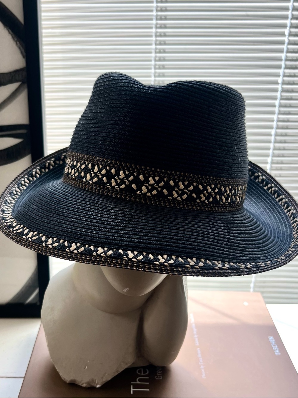 Eric Javits Black Straw Fedora with Woven Cream Accent